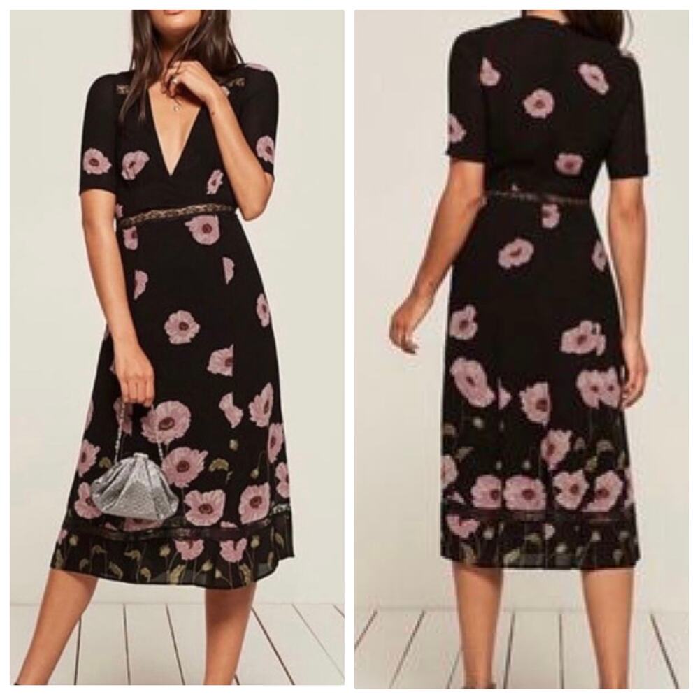 Reformation Floral Midi Dress Black Pink